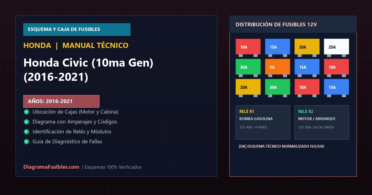Diagrama de fusibles Honda Civic (10ma Gen) (2016-2021)