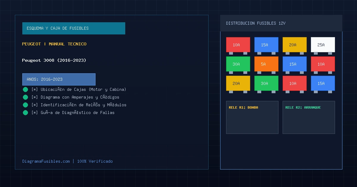 Diagrama de fusibles Peugeot 3008 (2016-2023)